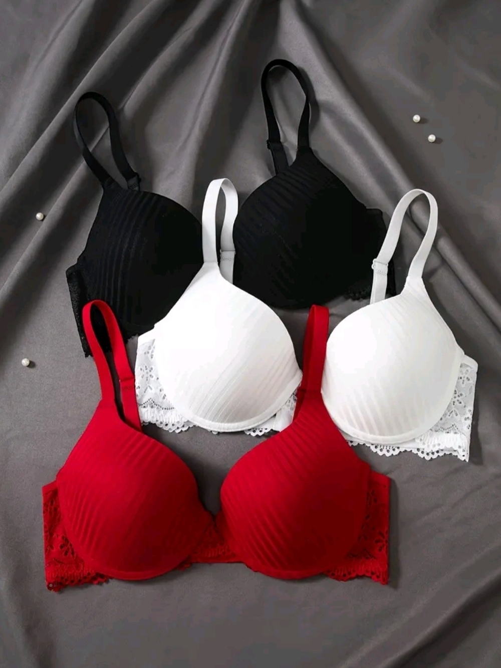 Everyday Lace-Trim T-Shirt Bra - Red, White & Black (3-Pack)